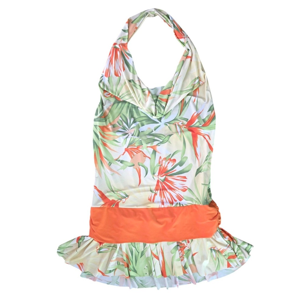 Y2K Costa Blanca Cowl Halter Top Drop Waist Tropical Floral Stretch Tunic Small